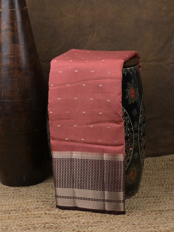 Maheshwari fancy saree light pink color allover zari motifs & zari border with contrast pallu and attached blouse