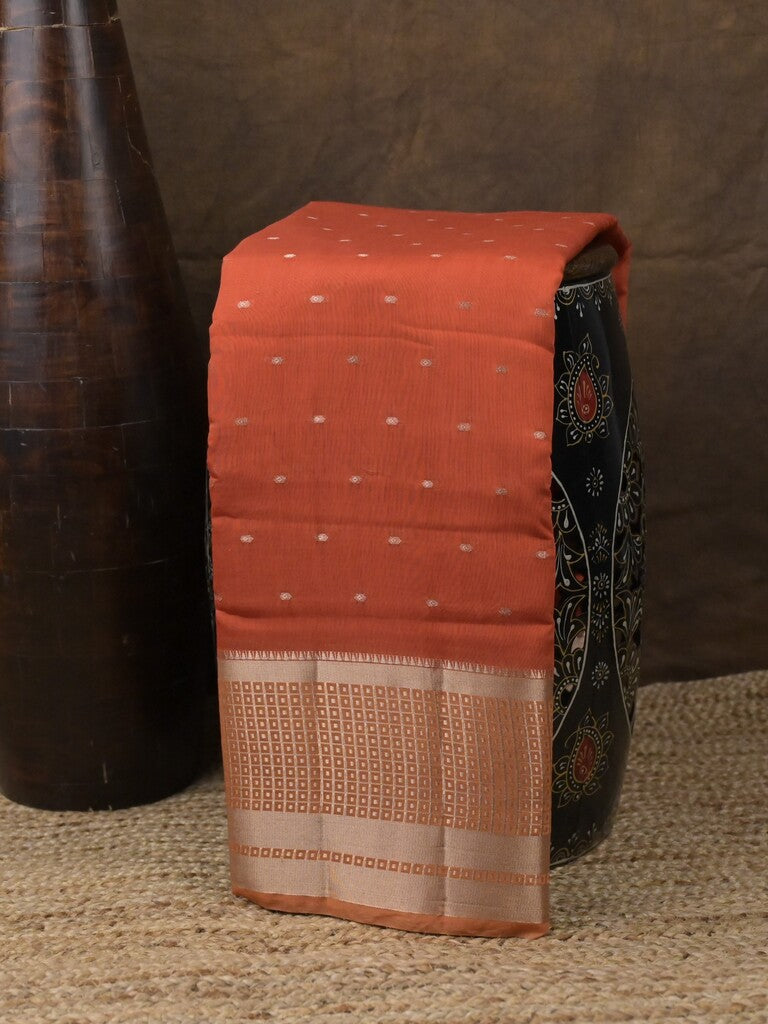 Maheshwari fancy saree orange color allover zari motifs & zari border with contrast pallu and attached blouse