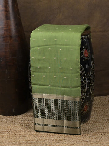 Maheshwari fancy saree pista green color allover zari motifs & zari border with contrast pallu and attached blouse