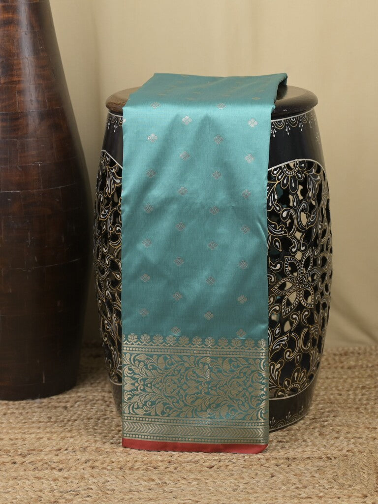 Banaras fancy saree light blue color allover zari motifs & zari border with rich contrast pallu and plain blouse