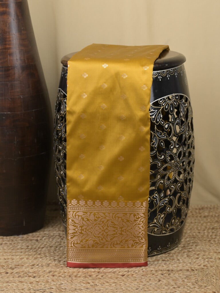 Banaras fancy saree mustard yellow color allover zari motifs & zari border with rich contrast pallu and plain blouse