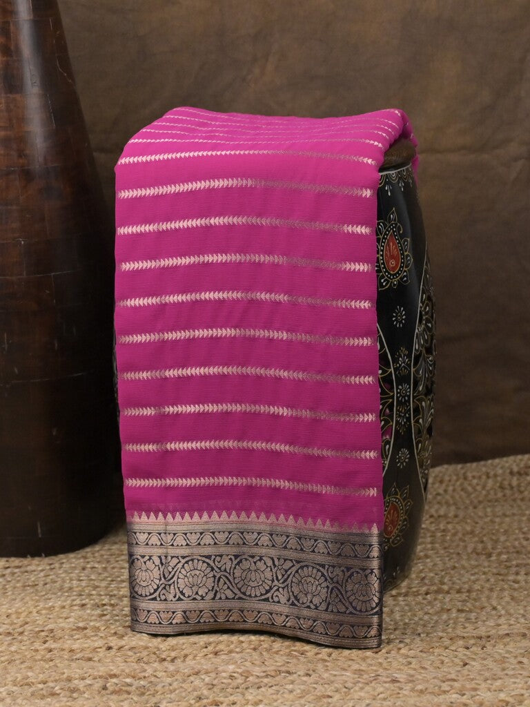 Georgette fancy saree pink color allover zari stripes & zari border with rich pallu and plain blouse