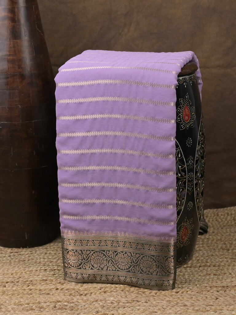 Georgette fancy saree light lavender color allover zari stripes & zari border with rich pallu and plain blouse