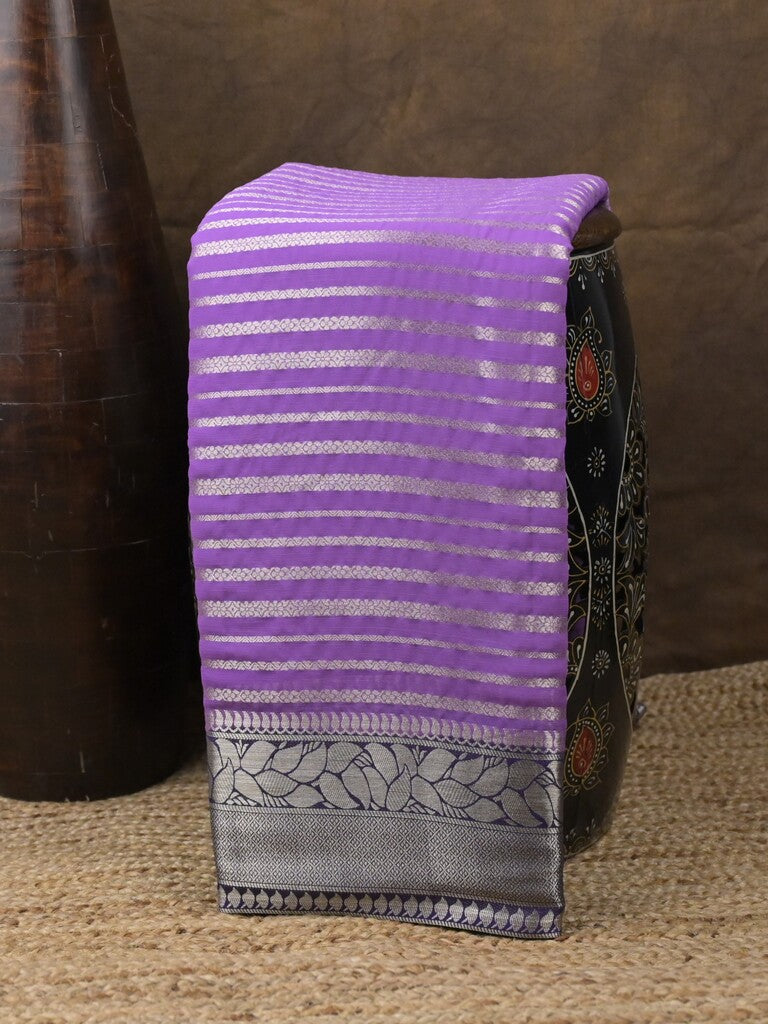 Georgette fancy saree lavender color allover zari stripes & zari border with rich pallu and plain blouse