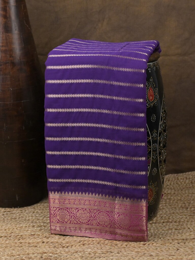 Georgette fancy saree royal blue color allover zari stripes & zari border with rich pallu and plain blouse