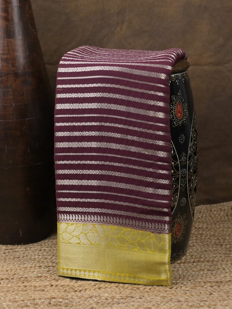 Georgette fancy saree dark wine color allover zari stripes & zari border with rich pallu and plain blouse