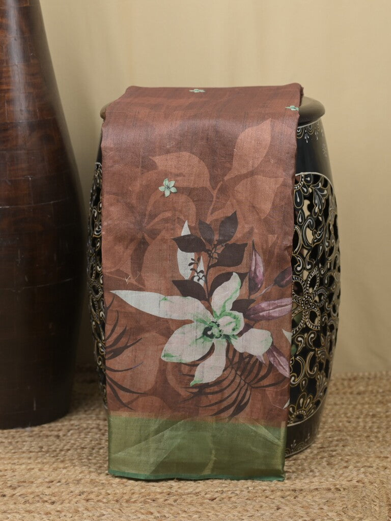 Tussar fancy saree brown color allover prints & small kaddi border with printed pallu and attached contrast plain blouse