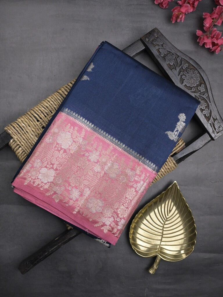 Raw mango fancy saree navy blue color allover zari motifs & zari border with zari pallu and contrast blouse