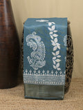 Tussar fancy saree peacock blue color allover prints & small kaddi border with printed pallu and attached plain blouse