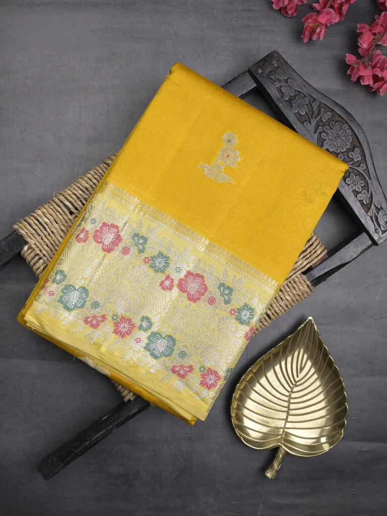 Raw mango fancy saree golden yellow color allover zari motifs & zari border with zari pallu and contrast blouse