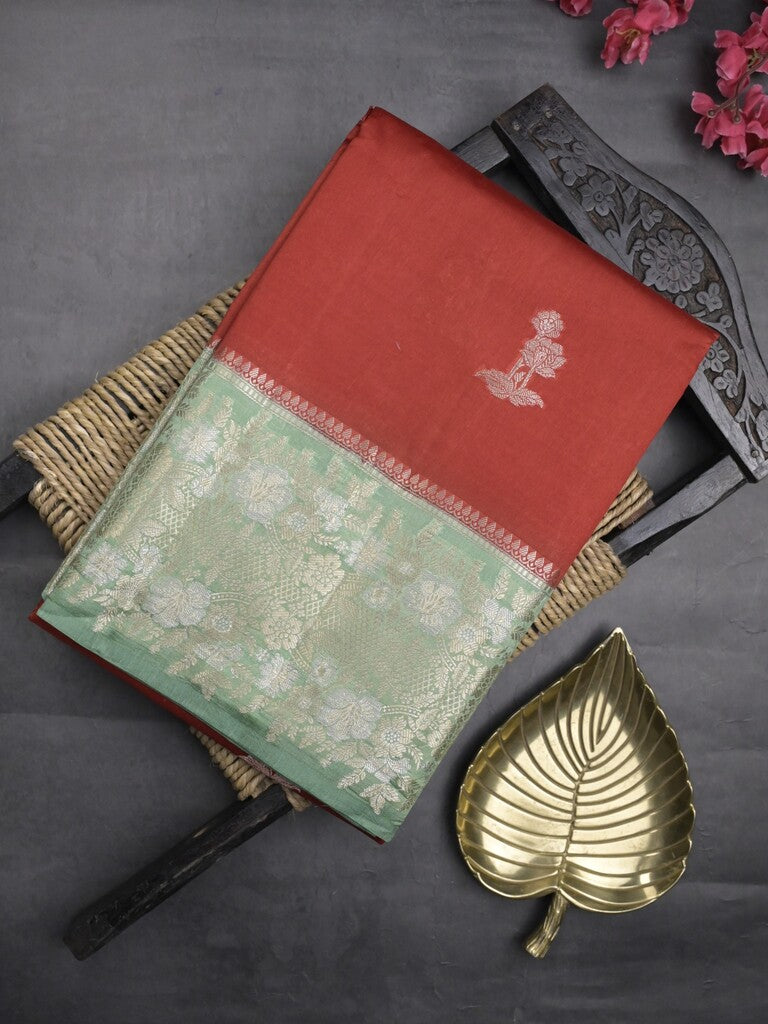Raw mango fancy saree red color allover zari motifs & zari border with zari pallu and contrast blouse