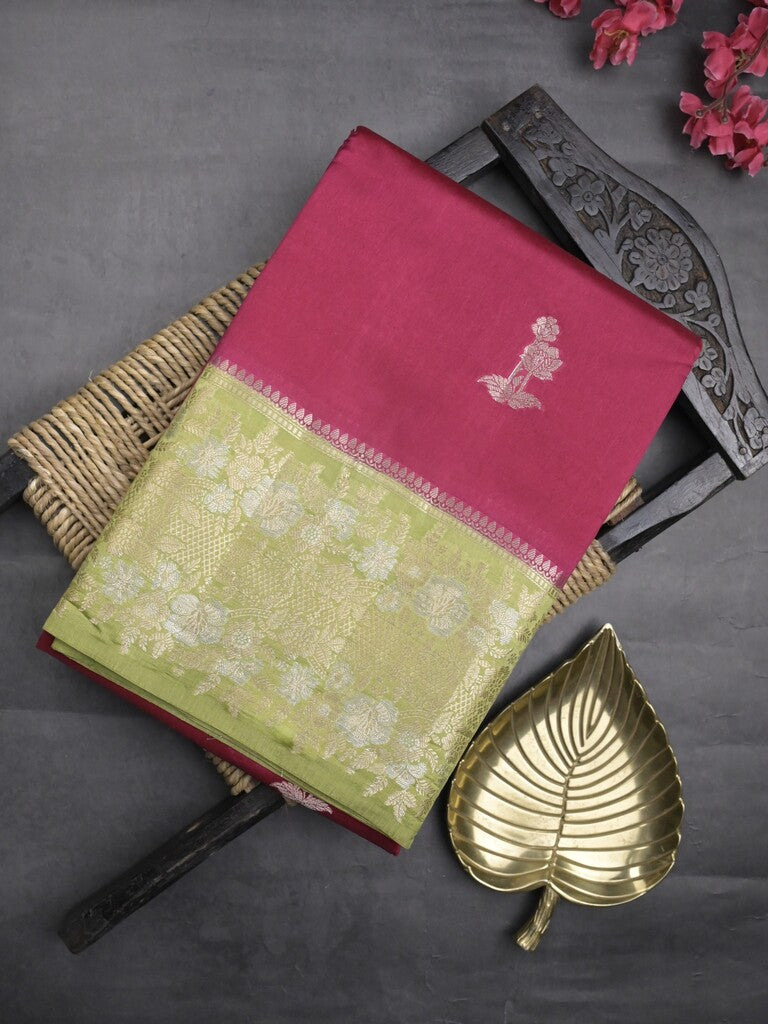 Raw mango fancy saree cherry pink color allover zari motifs & zari border with zari pallu and contrast blouse