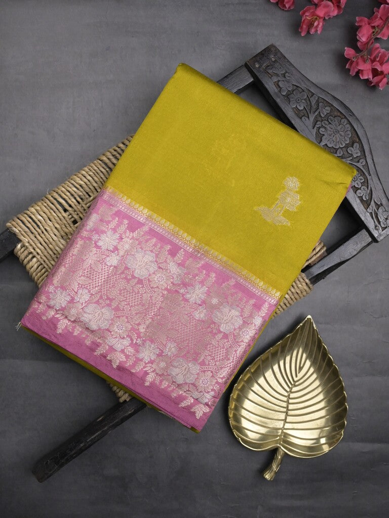Raw mango fancy saree greenish yellow color allover zari motifs & zari border with zari pallu and contrast blouse