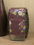 Tussar fancy saree brown color allover prints & small kaddi border with printed pallu and attached contrast plain blouse