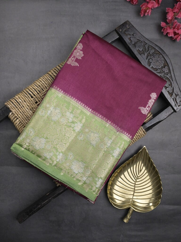 Raw mango fancy saree wine color allover zari motifs & zari border with zari pallu and contrast blouse