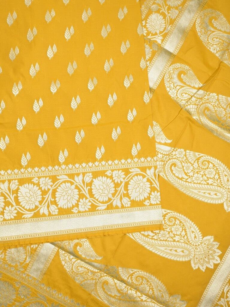 Banaras pattu saree in golden yellow color allover zari motifs & zari border with brocade pallu and brocade blouse