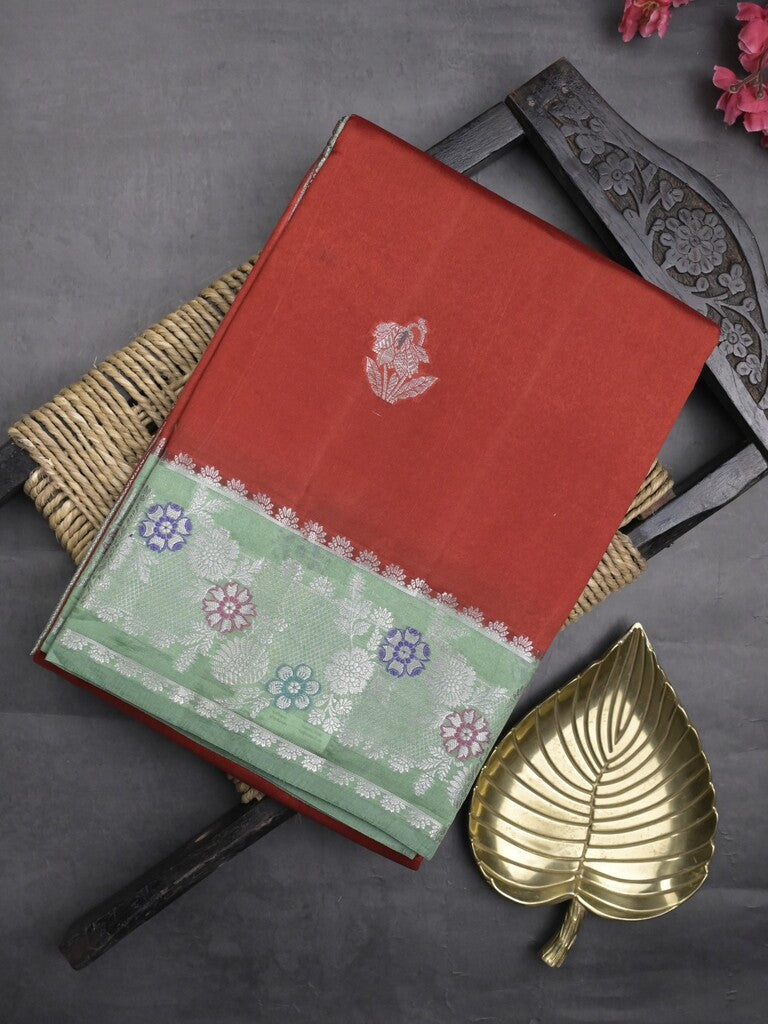 Raw mango fancy saree red color allover zari motifs & zari border with zari pallu and contrast blouse