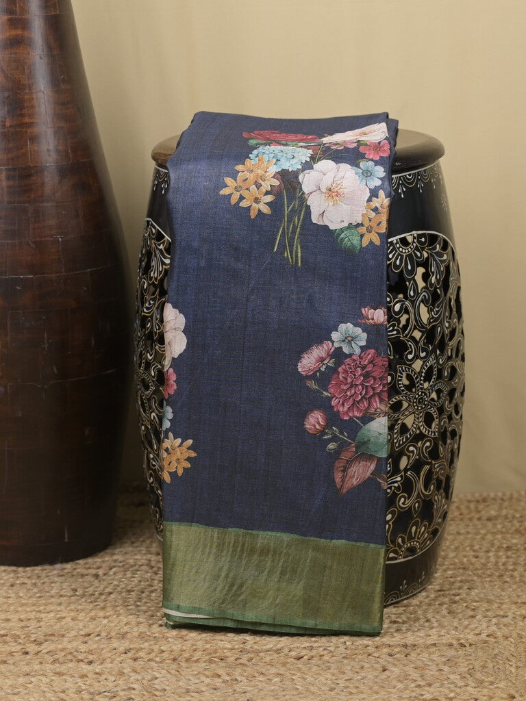 Tussar fancy saree navy blue color allover prints & small kaddi border with printed pallu and attached contrast plain blouse