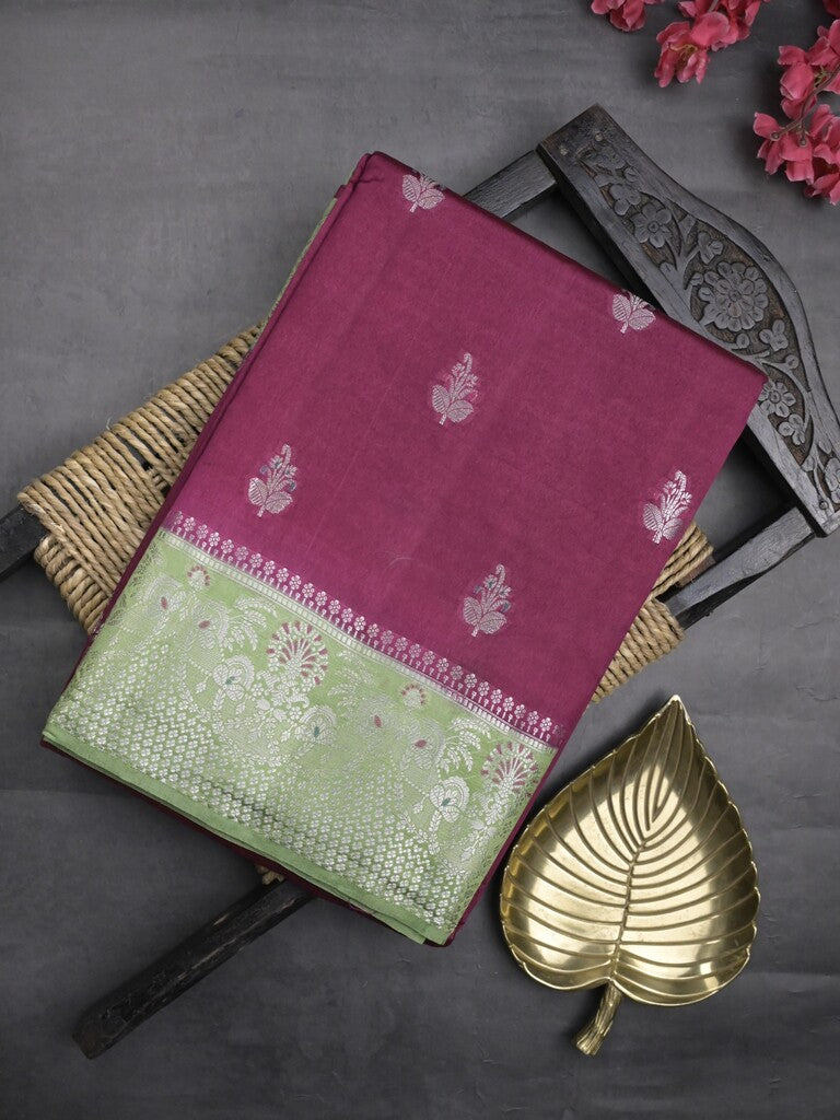 Raw mango fancy saree dark magenta color allover zari motifs & zari border with zari pallu and contrast blouse