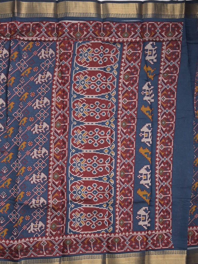 Maheshwari fancy saree navy blue color with allover patola design & small zari border and contrast printed blouse