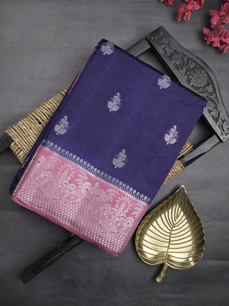 Raw mango fancy saree navy blue color allover zari motifs & zari border with zari pallu and contrast blouse