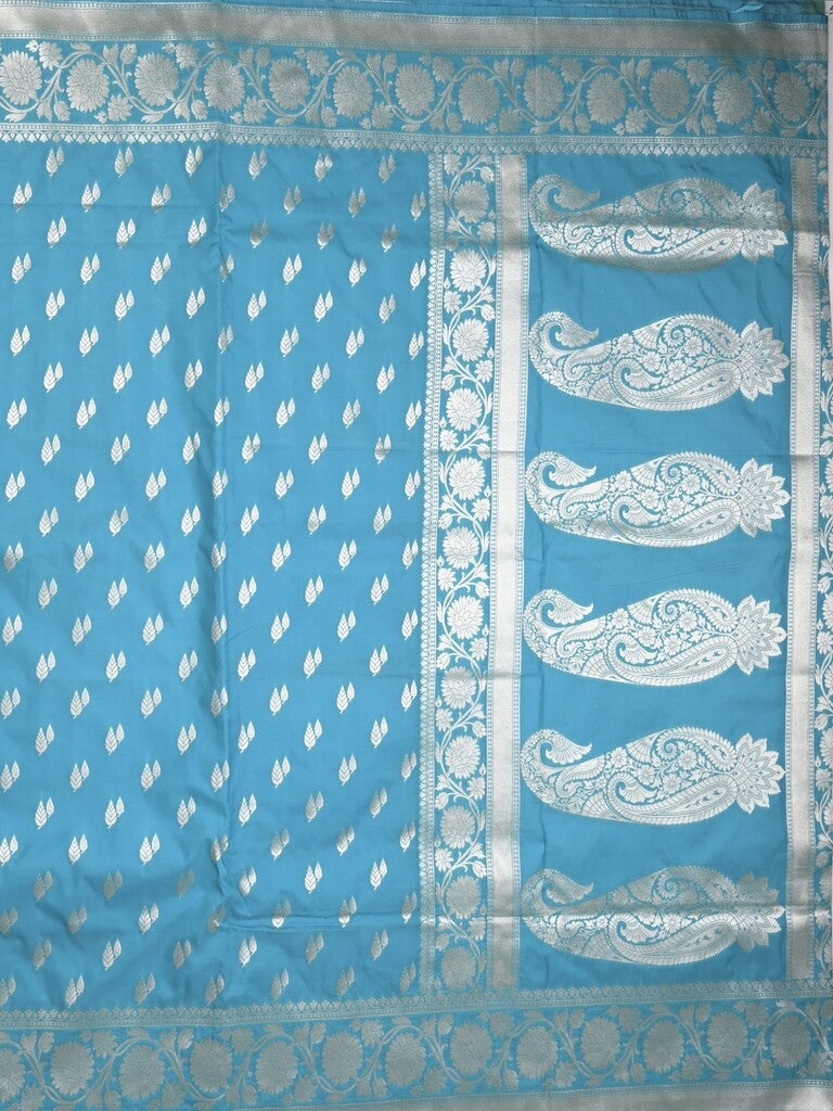 Banaras pattu saree in sky blue color allover zari motifs & zari border with brocade pallu and brocade blouse