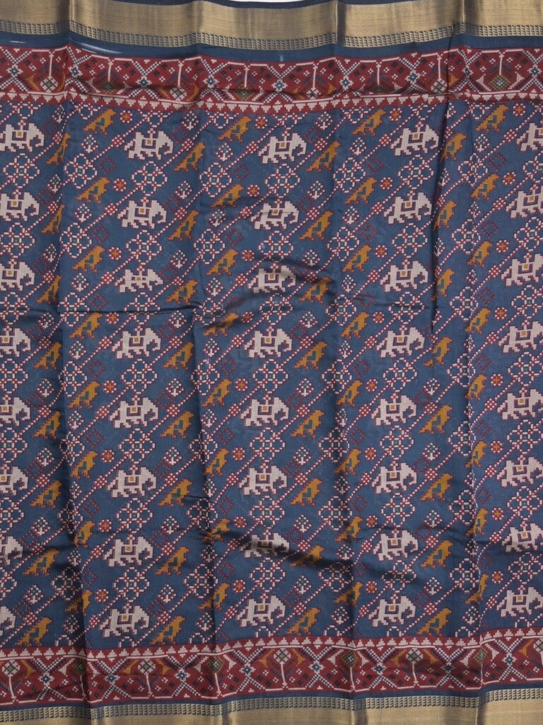 Maheshwari fancy saree navy blue color with allover patola design & small zari border and contrast printed blouse