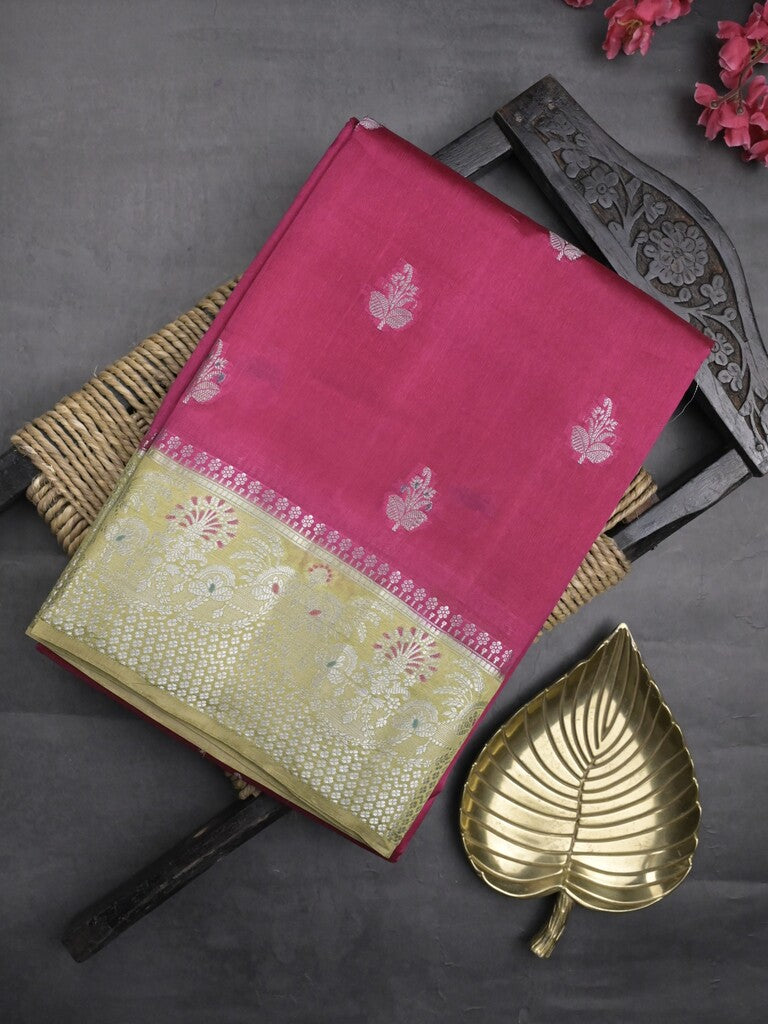 Raw mango fancy saree rani pink color allover zari motifs & zari border with zari pallu and contrast blouse