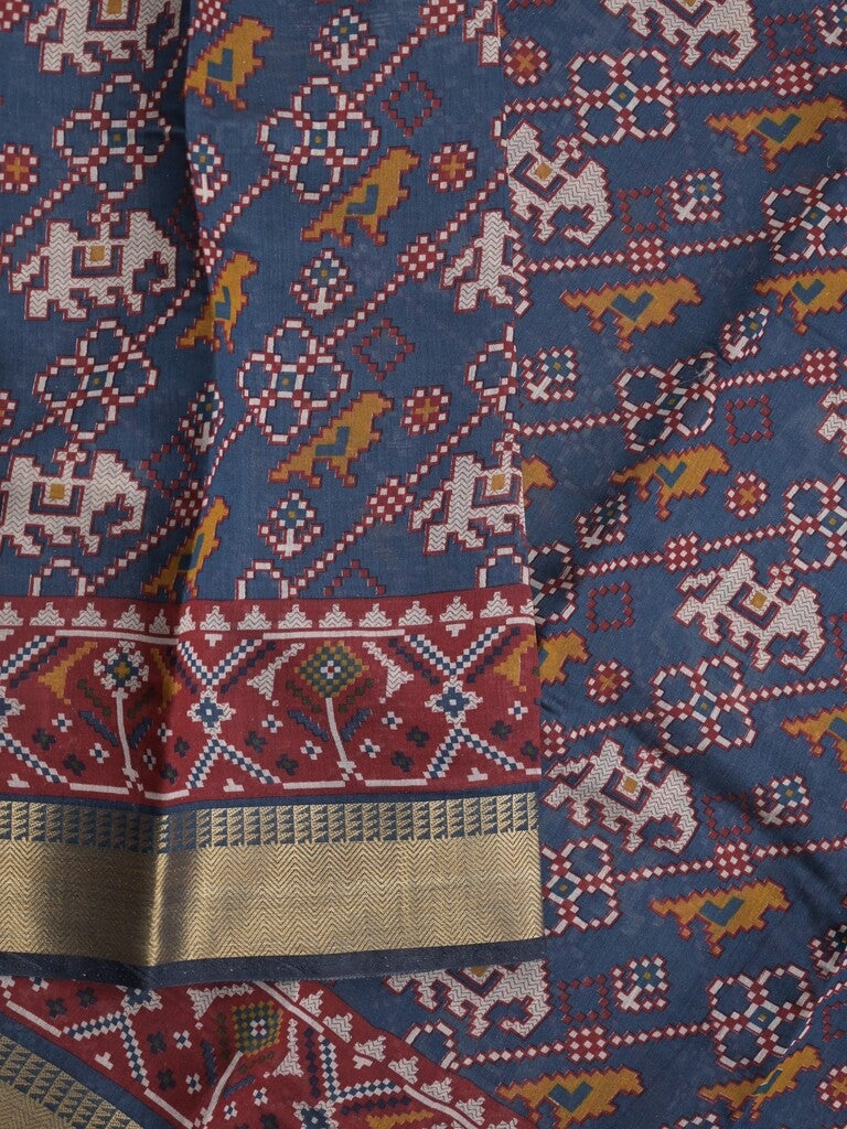 Maheshwari fancy saree navy blue color with allover patola design & small zari border and contrast printed blouse