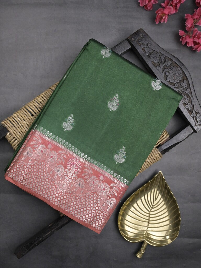 Raw mango fancy saree bottle green color allover zari motifs & zari border with zari pallu and contrast blouse