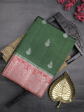 Raw mango fancy saree bottle green color allover zari motifs & zari border with zari pallu and contrast blouse