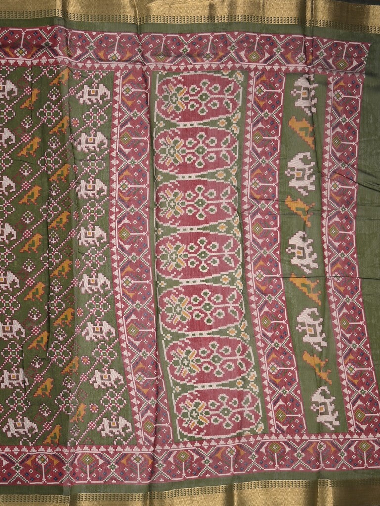 Maheshwari fancy saree olive green color with allover patola design & small zari border and contrast printed blouse