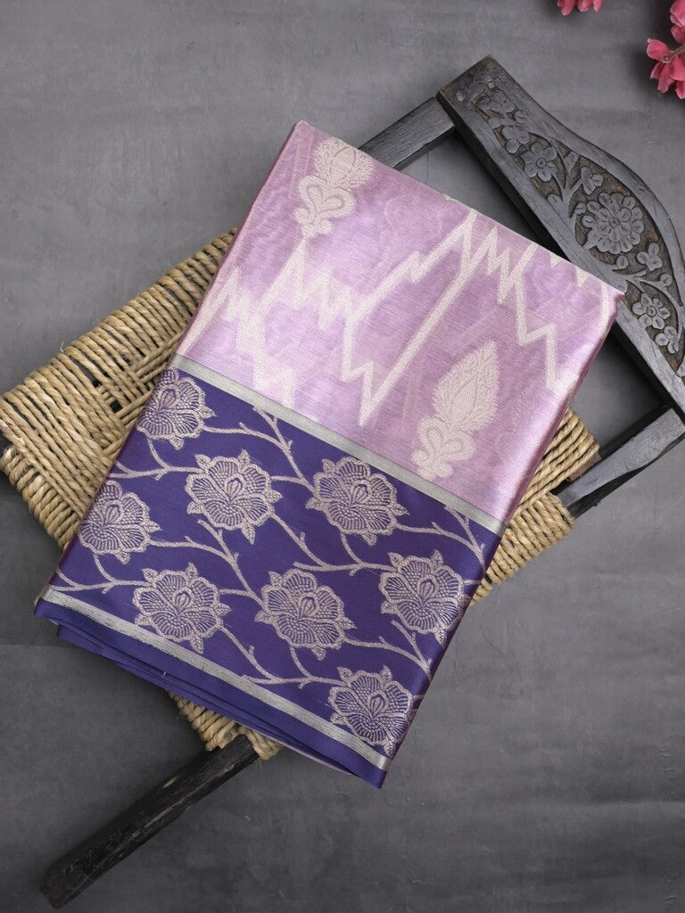 Tissue fancy saree light purple color allover weaves & contrast border with self pallu and attached blouse