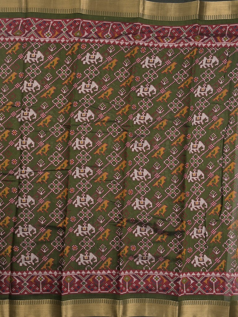 Maheshwari fancy saree olive green color with allover patola design & small zari border and contrast printed blouse