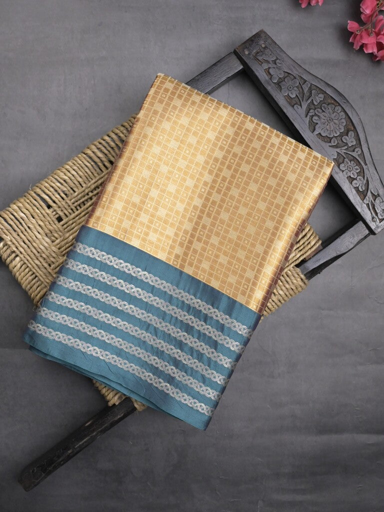 Tissue fancy saree beige color allover weaves & contrast border with self pallu and attached blouse