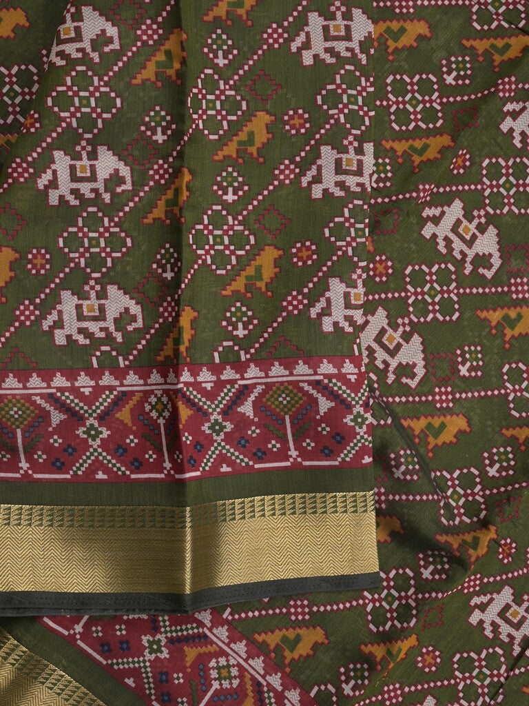 Maheshwari fancy saree olive green color with allover patola design & small zari border and contrast printed blouse