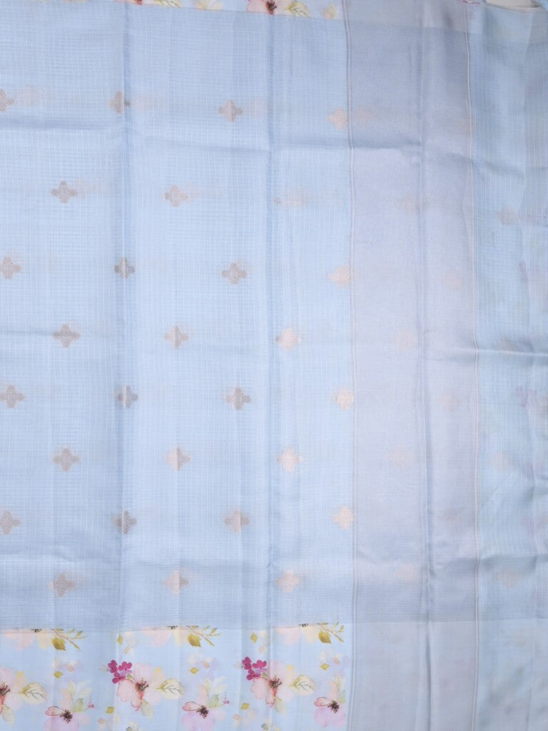 Kota fancy sarees in light blue color allover zari motifs with printed border and printed blouse