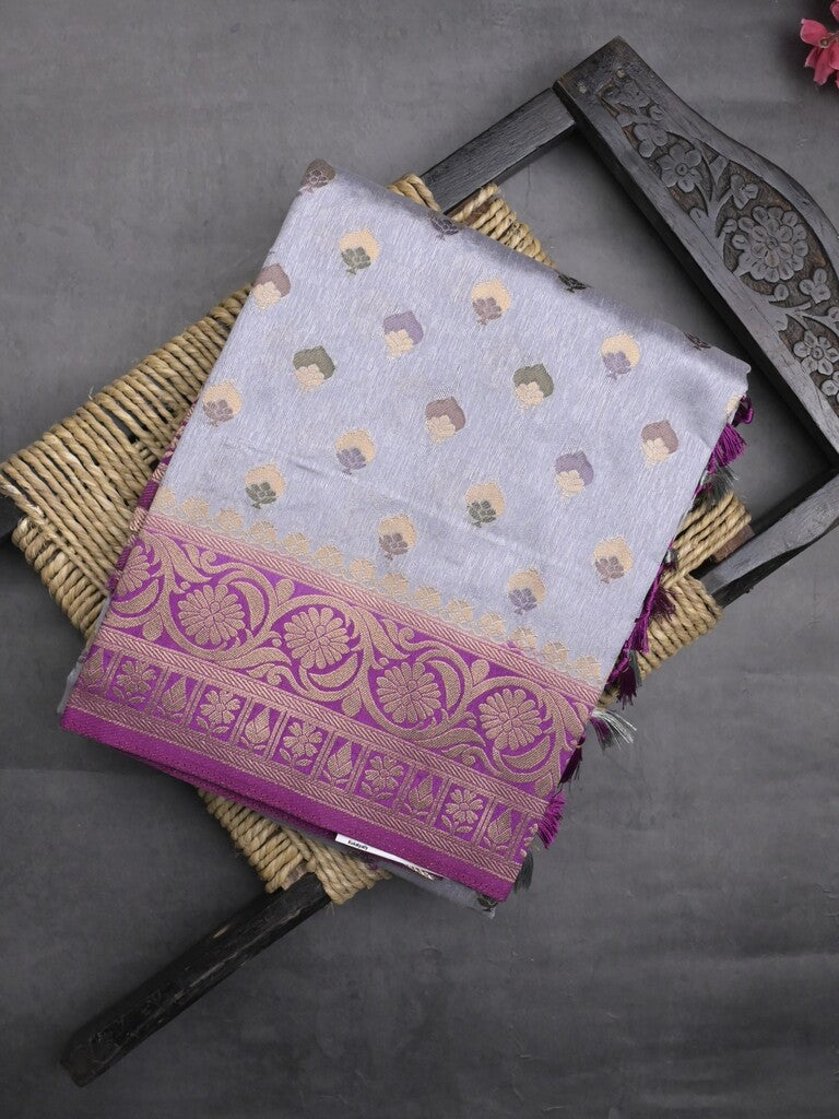 Banaras fancy saree pastel blue color allover zari motifs & zari border with rich pallu and attached blouse