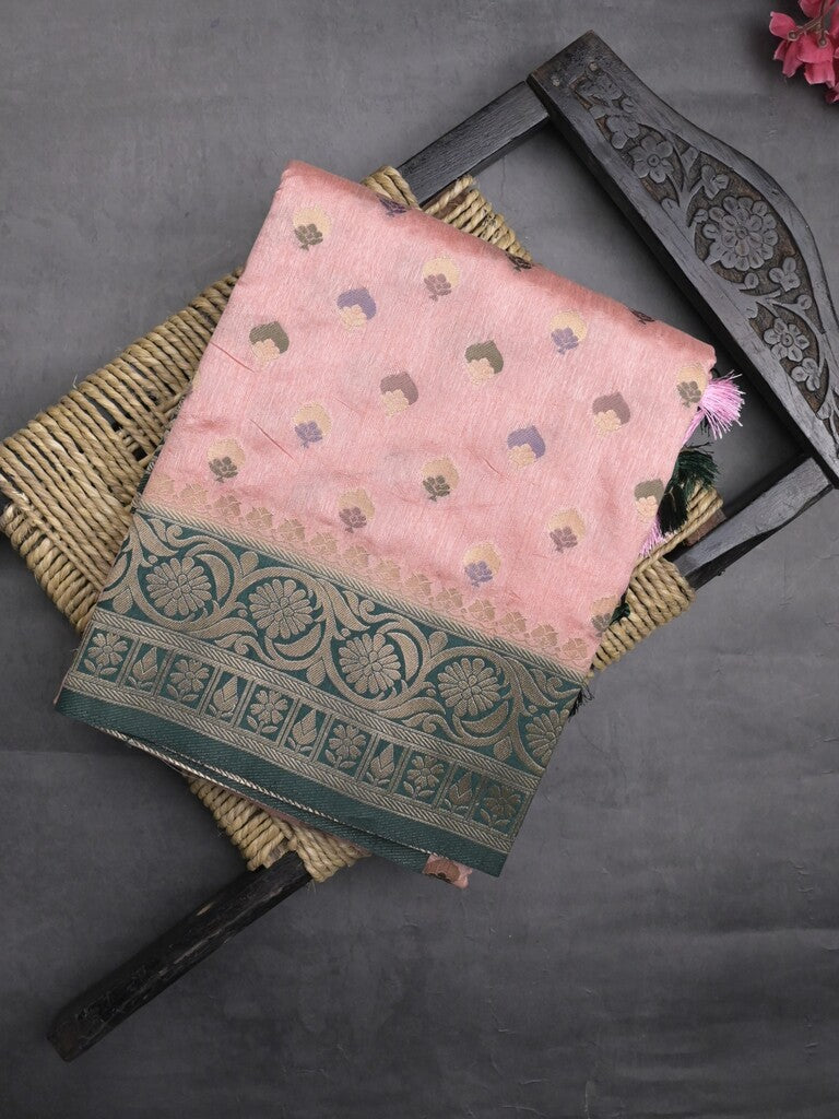 Banaras fancy saree baby pink color allover zari motifs & zari border with rich pallu and attached blouse