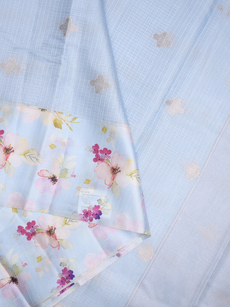Kota fancy sarees in light blue color allover zari motifs with printed border and printed blouse