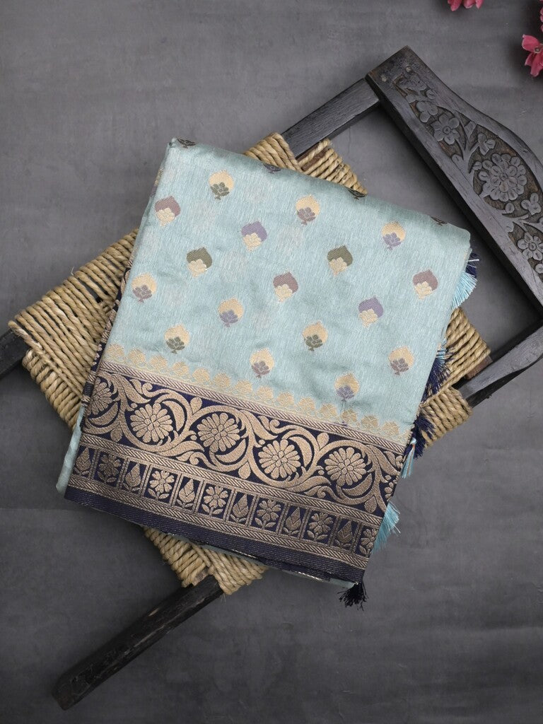 Banaras fancy saree light blue color allover zari motifs & zari border with rich pallu and attached blouse
