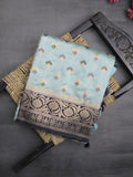 Banaras fancy saree light blue color allover zari motifs & zari border with rich pallu and attached blouse