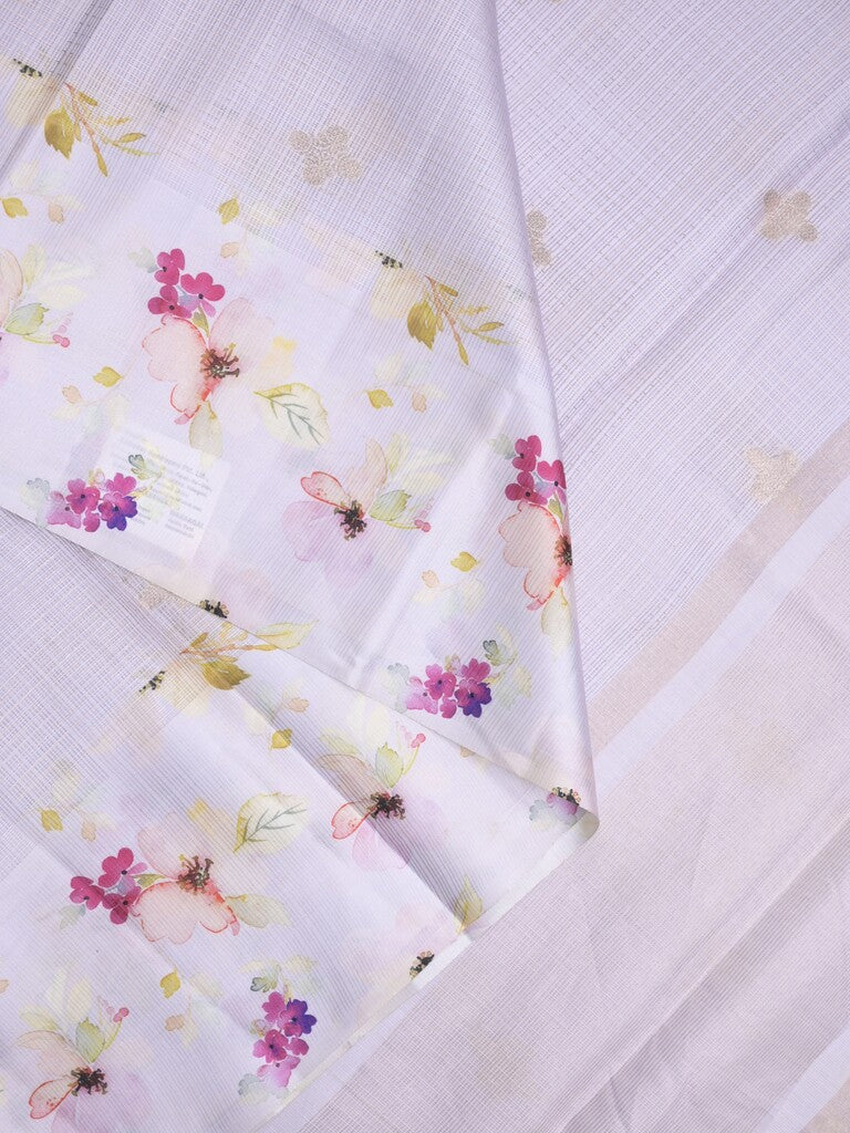 Kota fancy sarees in white color allover zari motifs with printed border and printed blouse