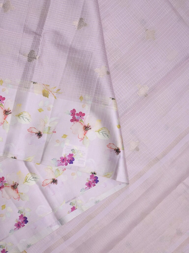 Kota fancy sarees in pastel purple color allover zari motifs with printed border and printed blouse