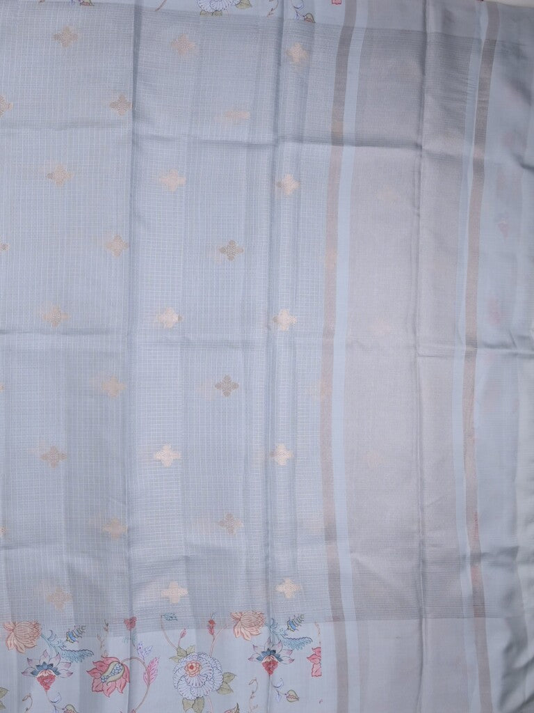 Kota fancy sarees in pastel grey color allover zari motifs with printed border and printed blouse