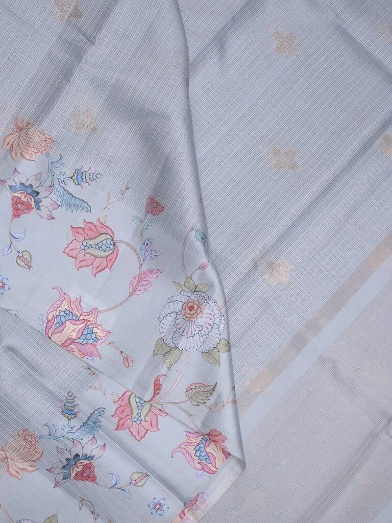 Kota fancy sarees in pastel grey color allover zari motifs with printed border and printed blouse