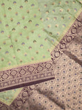 Banaras fancy saree light pista green color allover zari motifs & zari border with rich pallu and attached blouse