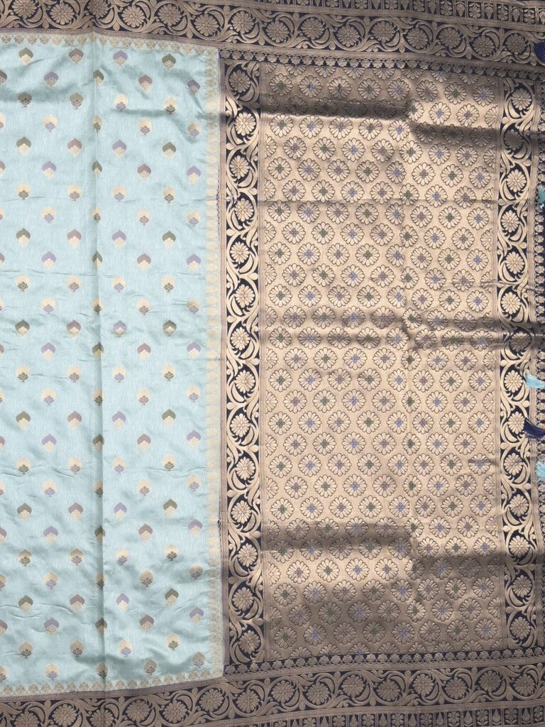 Banaras fancy saree light blue color allover zari motifs & zari border with rich pallu and attached blouse