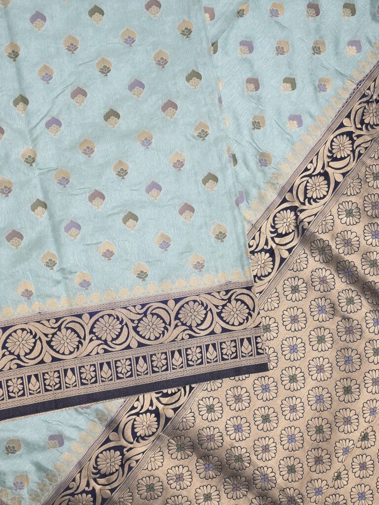 Banaras fancy saree light blue color allover zari motifs & zari border with rich pallu and attached blouse