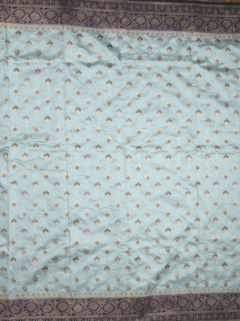 Banaras fancy saree light blue color allover zari motifs & zari border with rich pallu and attached blouse